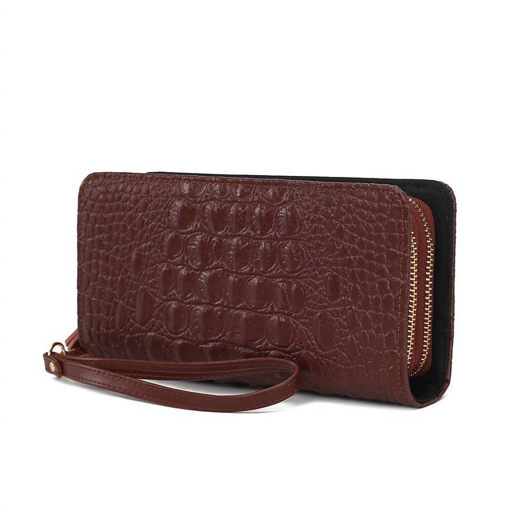 NEW MKF COLLECTION women's eve crocodile-embossed wristlet wallet in coffee
